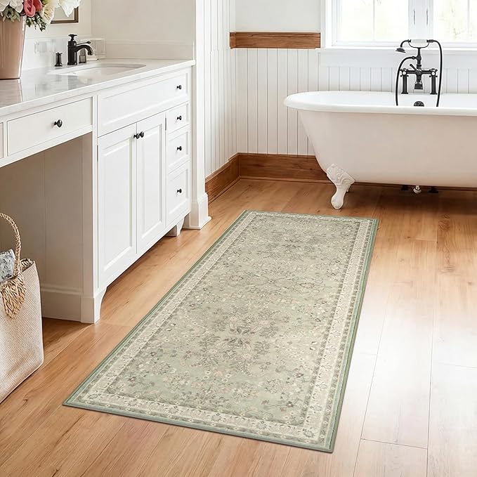 GRANNY SAYS Boho Bathroom Runner 47"x 18" Non-Slip,Quick Dry & Washable Vintage Bath Rug,Distressed Farmhouse Plush Velvet Bath Mat for Sink Shower and Bathtub, Flower Green