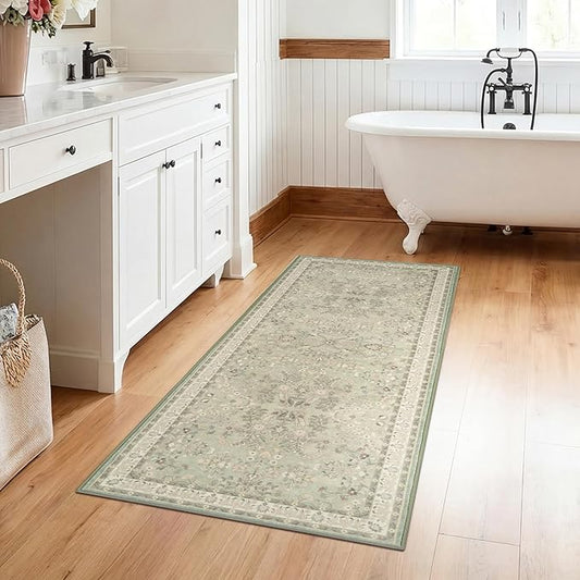 GRANNY SAYS Boho Bathroom Runner 47"x 18" Non-Slip,Quick Dry & Washable Vintage Bath Rug,Distressed Farmhouse Plush Velvet Bath Mat for Sink Shower and Bathtub, Flower Green