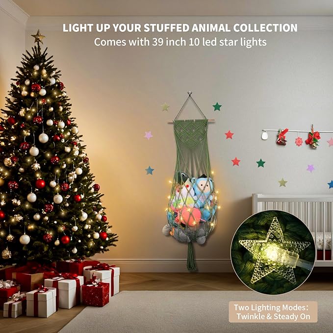 Stuffed Animal Storage, 63'' Jumbo Stuffed Animal Hammock Corner Wall Ceiling Over Door Hanging Toy Hammock Organizer, Avocado Green Toy Net w/ Boho Tassels Star Light for Nursery Boys Girls