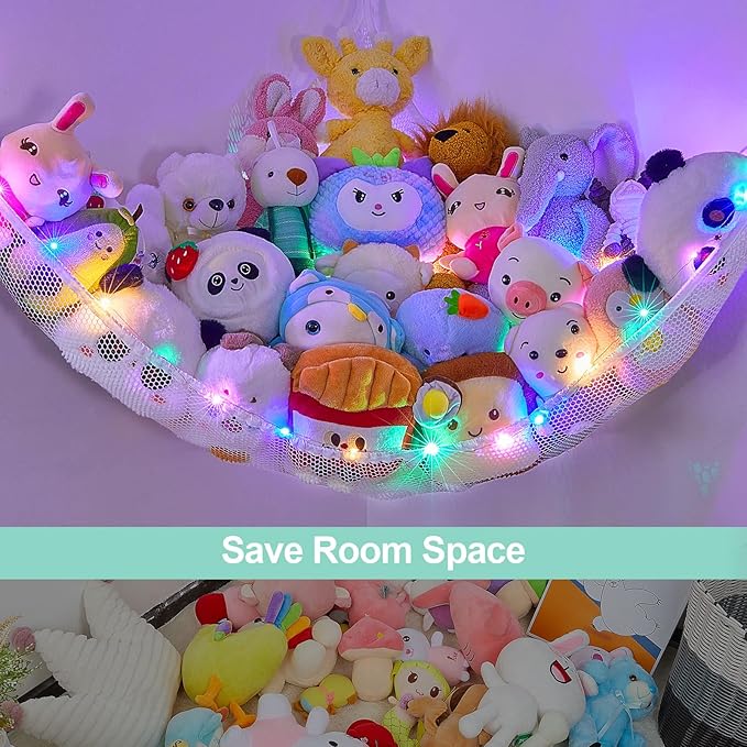 Unicorn Castle Stuffed Animals Net or Hammock Kids Toy Storage Organizer with LED Light Hanging Corner Stuffed Animals Holder Kids Girls Room Decor,White,Large (Pack of 1)