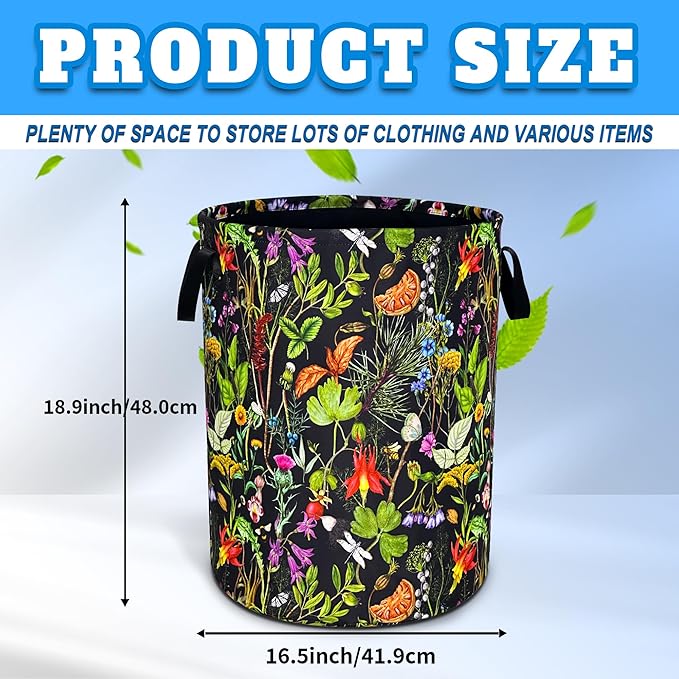 Beautiful Plants Flowers Laundry Basket Oxford Cloth Laundry Hamper With Handle Foldable Portable Clothes Storage Basket 18.9 X 16.5 In Storage Bag For Laundry Room/Bathroom/Bedroom/Dormitories