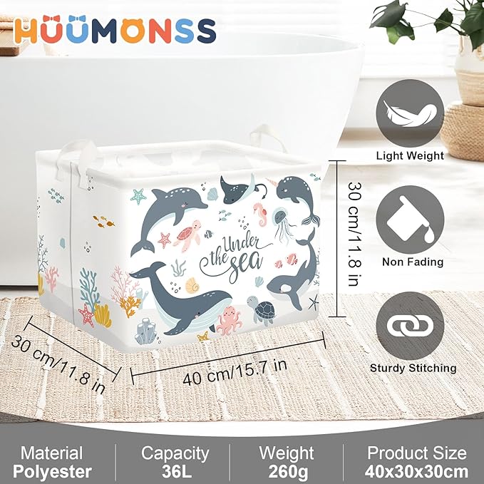 Sea Animals Laundry Hamper Ocean Fish Coral Large Storage Basket Parents Organizer Kids Clothes Toy Bins for Bedroom, Bathroom, Blue Dolphins, 36L