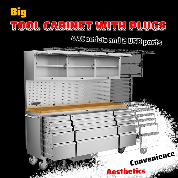 SINDA 72-inch Rolling Tool Cabinet Mobile Workbench Tool Chest with 15 Storage Drawers, Wheels, 3 Uper Cabinet, Outlet, SS Pegboard, Stainless Steel