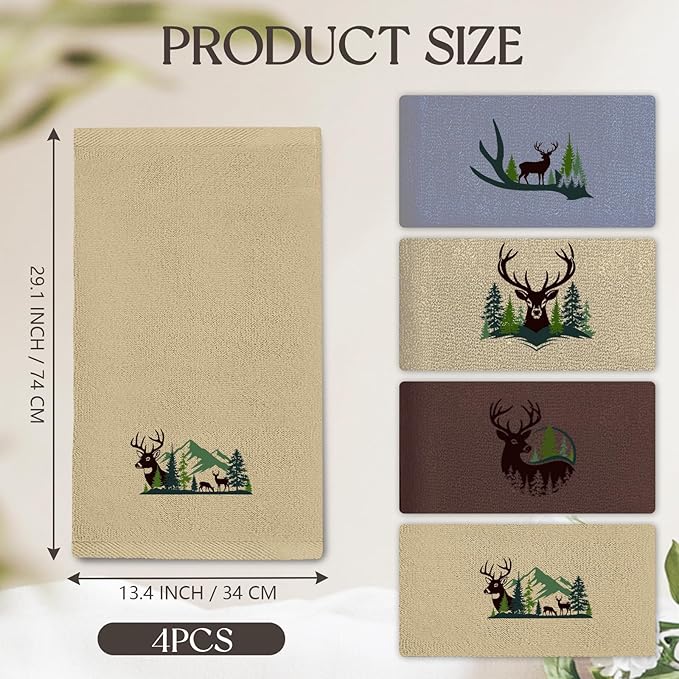 4 Pcs Forest Moose Deer Hand Towels Elk Embroidered Towels Set - 29" x 13.3" Cotton Bath Towel, Deer Rustic Farmhouse Decor, Nature-themed Hand Towel for Kitchen Bathroom Decor Housewarming Gift