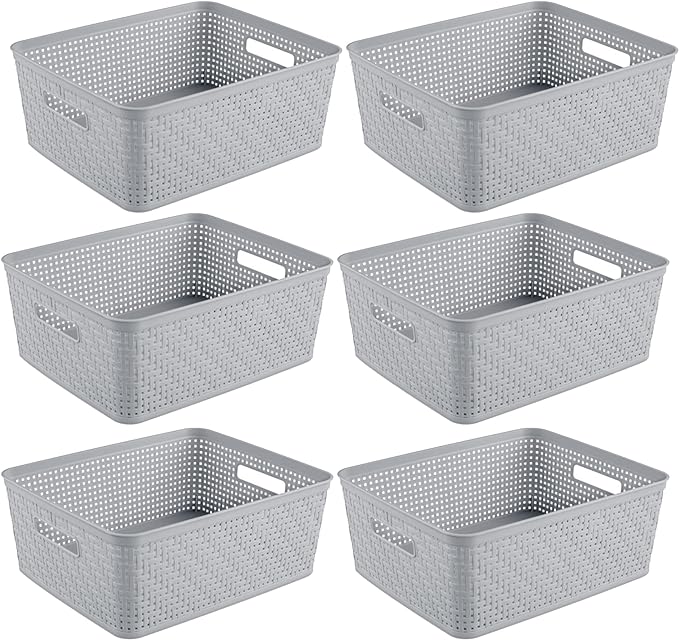 Sterilite 6-Pack Short Basket, Woven Plastic Storage Baskets for Organization, Cement - Organizing Bin Containers with Handles for Bedroom, Bathroom, Dorm, and Closet