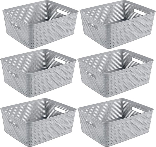 Sterilite 6-Pack Short Basket, Woven Plastic Storage Baskets for Organization, Cement - Organizing Bin Containers with Handles for Bedroom, Bathroom, Dorm, and Closet