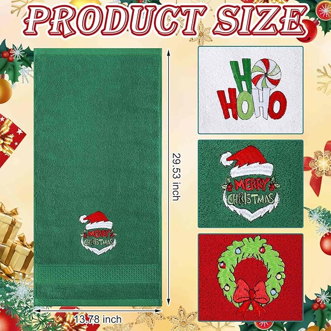 3 Pcs Merry Christmas Hand Towels for Bathroom Embroidered Bathroom Towels Farmhouse Decorative 13.78 x 29.53 Inch Absorbent Soft Cotton for Kitchen Dish Fast Drying Decor