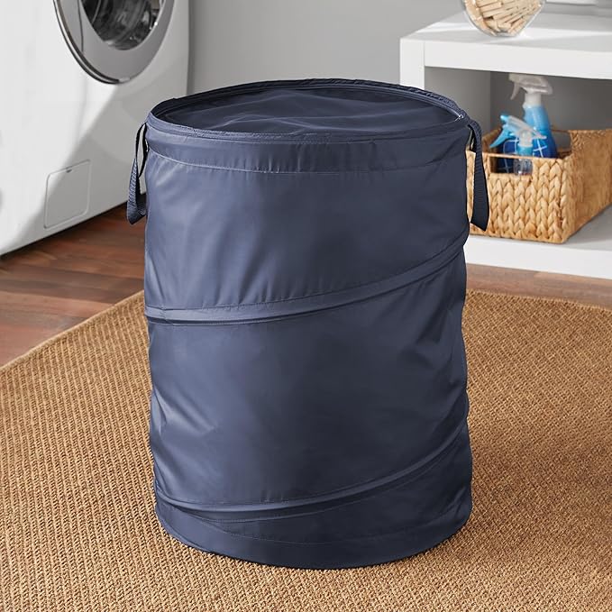 Portable Pop-Up Laundry Hamper with Zipper Lid, Navy Blue, 2-Load Capacity