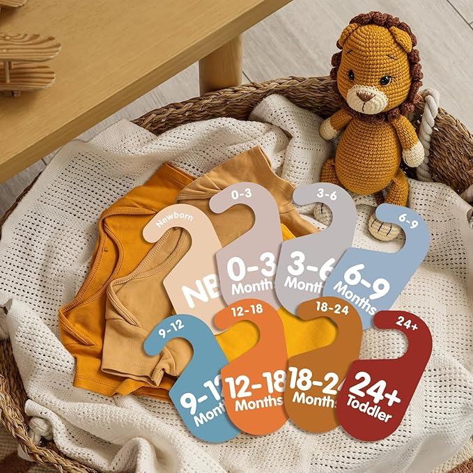 Boho Wooden Baby Clothes Dividers for Closet, Set of 8 Double-Sided Baby Clothes Organizer for Newborn to 24 Months, Colorful Babies Closet Wardrobe Dividers Separators for Boho Nursery Home Decor