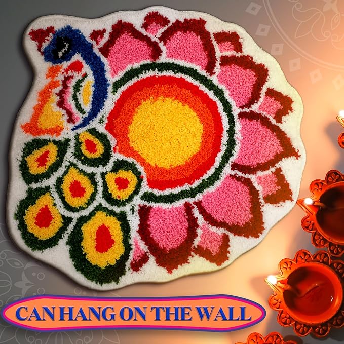 20 Inch Diwali Rangoli Mat Decorations Indian Diwali Door Mat for Home Peacock and Petals Decoration Non Slip Washable Rug for Indian Traditional Pooja New Year Entrance Gift