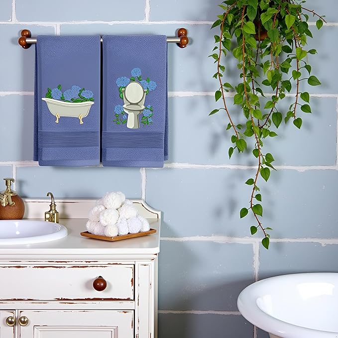 2pcs Blue Hydrangea Hand Towels for Bathroom Decorative Towels Set 100% Cotton cute Embroidered Spring summer floral bath towels dish kitchen towels Farmhouse Bathroom Decor Gift (Blue Hydrangea)