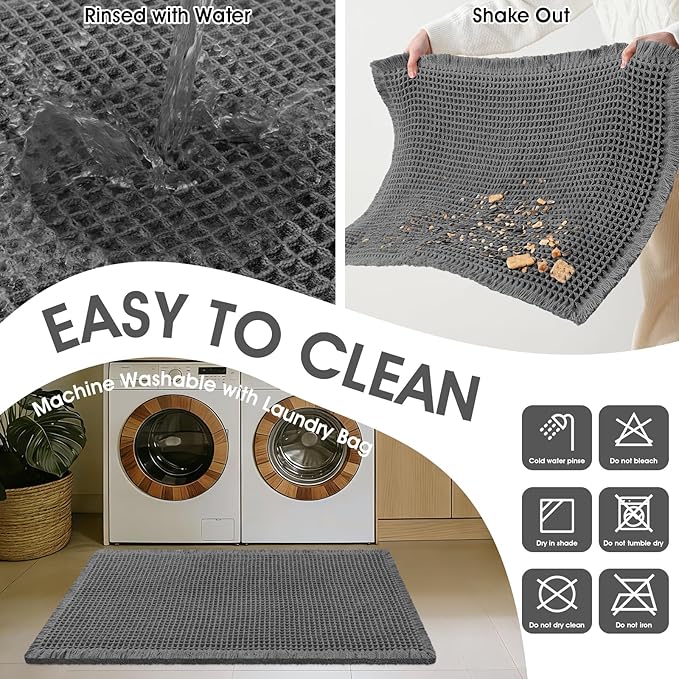 ACCUMTEK Extra Large Waffle Bath Mat, 5'x2' Grey, Super Absorbent Non-Slip Quick Dry Bathroom Rugs with Tassels, Machine Washable Ultra Soft Boho Bath Rugs for Floor, Toilet Mats Boho Farmhouse Decor