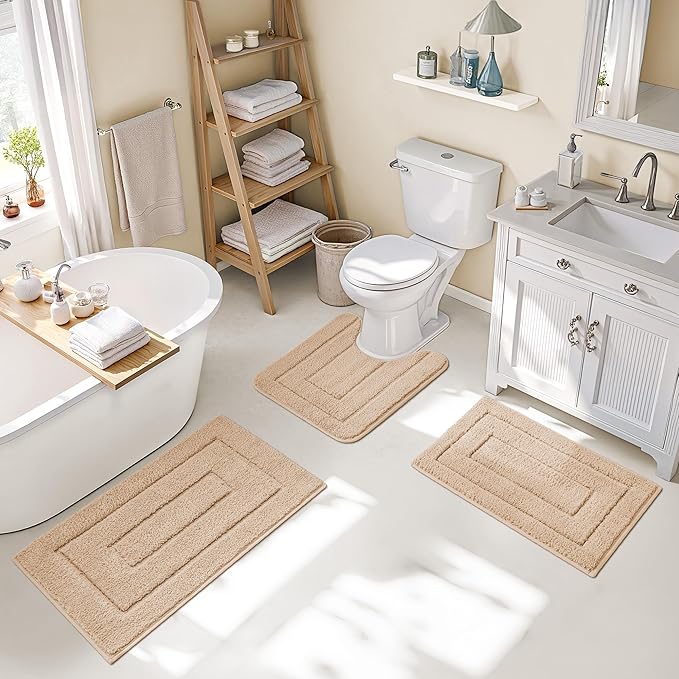 GRANNY SAYS Bathroom Rugs Sets 3 Piece, Soft Absorbent Microfiber Bath Mats for Bathroom Non Slip Washable, U-Shaped Toilet Bath Rugs for Tub Shower (Beige, 16" x 24" + 20" x 32" + U Shaped 20" x 24")