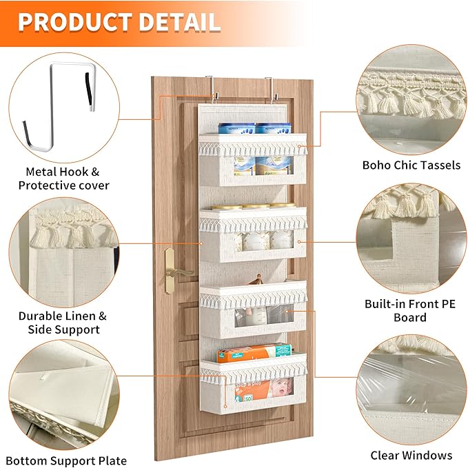 Aokeyee 4 Tier Over The Door Organizer Storage Nursery, Boho Door Organizer Hanging with Tassels and Clear Window, 55lb Behind The Door Storage for Baby Nursery, Bedroom, Bathroom, Laundry, Pantry