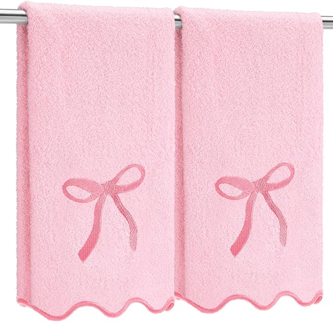 2 Pcs Pink Scalloped Hand Towels for Bathroom 26 x 13 Embroidery Coquette Bow Hand Towels 100% Cotton Soft Absorbent Boho Bath Decor for Kitchen Bathroom