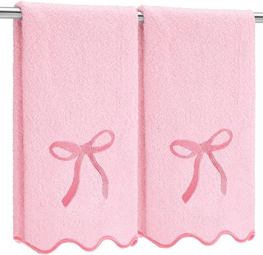2 Pcs Pink Scalloped Hand Towels for Bathroom 26 x 13 Embroidery Coquette Bow Hand Towels 100% Cotton Soft Absorbent Boho Bath Decor for Kitchen Bathroom