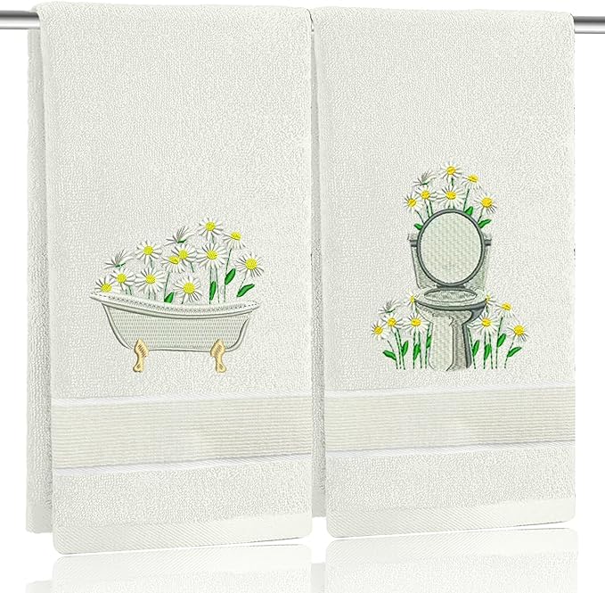 2pcs White Daisy Hand Towels for Bathroom Decorative Towels Set 100% Cotton Cute Embroidered Spring Summer Floral Bath Towels Dish Kitchen Towels Farmhouse Bathroom Decor Gift(White Daisy)
