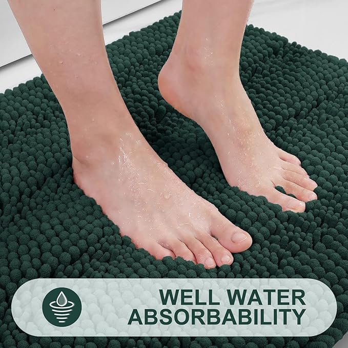 Grandaily Chenille Striped Bathroom Rugs 30x20, Extra Thick and Absorbent Bath Mats, Non-Slip Soft Plush Shaggy Shower Carpet, Machine Wash Dry, Bath Rug for Bathroom, (Medium, Dark Green)