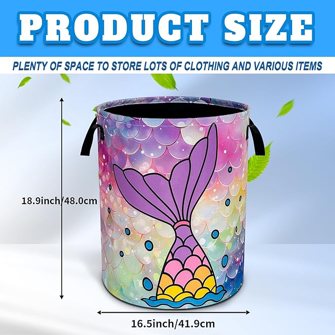 Mermaid Tail Laundry Basket Oxford Cloth Colorful Mermaid Scales Laundry Hamper With Handle Foldable Portable Clothes Storage Basket 18.9 X 16.5 In Storage Bag For Laundry Room/Bathroom/Bedroom