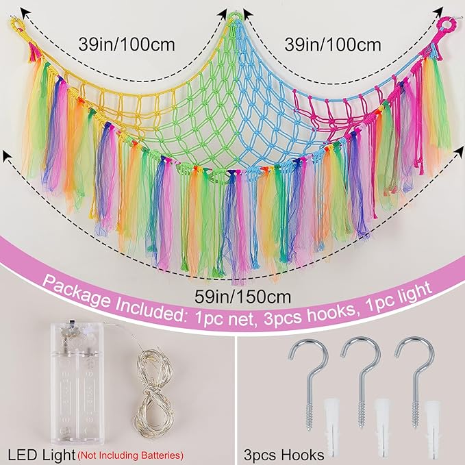 FIOBEE Stuffed Animals Net or Hammock with LED Light, Toy Hammock Hanging Stuffed Animals Storage Organizer Holder Room Décor for Nursery Kids Bedroom