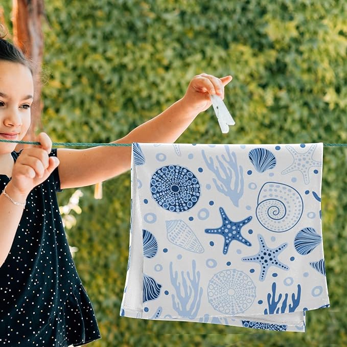 2 Pcs Blue Coastal Decorative Hand Towels for Bathroom,Soft Absorbent Summer Nautical Starfish Seashell Beach Dish Towels for Kitchen,Quick Dry Guest Bathroom Towels for Face,Shower 14"x28"
