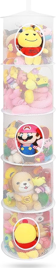 Hanging Mesh Stuffed Animal Storage Hammock Net, Foldable Large Toy Storage Organizer 5 Compartments Net for Stuffed Animals wall storage for Boys, Girls, Gloves, Hats, Socks（white）