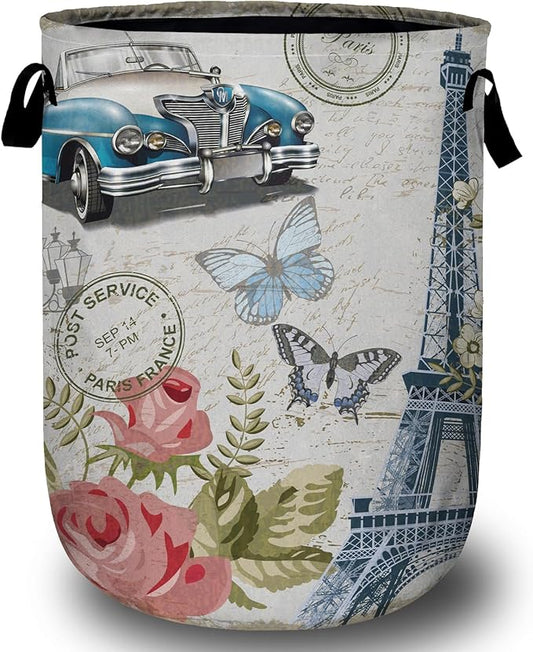 Vintage Paris Eiffel Tower Laundry Basket, Laundry Hamper Collapsible Oxford Cloth with Handle Clothes Toy Storage Bin for Bathroom Laundry Room Bedroom 15.7 X 20 Inch