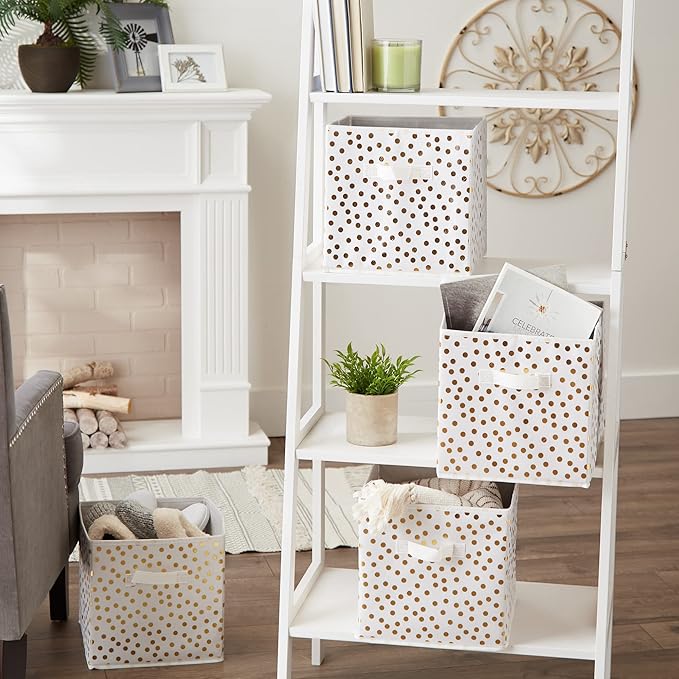 DII Non Woven Polyester Storage Bin, Polka Dot, White & Gold, Small Set of 4