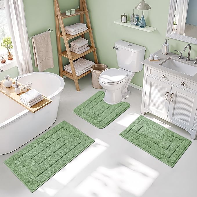GRANNY SAYS Bathroom Rugs Sets 3 Piece, Soft Absorbent Microfiber Bath Mats for Bathroom Non Slip Washable, U-Shaped Toilet Bath Rugs for Tub Shower (Green, 16" x 24" + 20" x 32" + U Shaped 20" x 24")