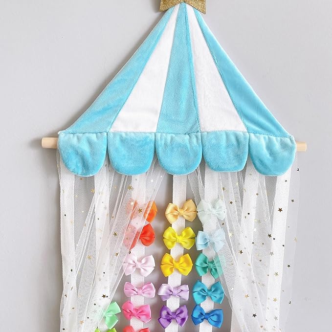 Hair Bow Organizer, Gold Star Canopy Design, White Tulle Curtain Display, Wall Mounted Storage for Baby Girls Headbands, Pink and Cream Scalloped Top (Blue)