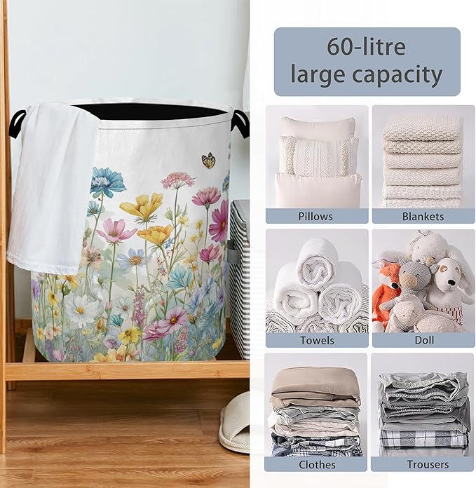 Wildflowers Laundry Basket,Garden Botanical Butterfly Oxford Cloth Laundry Hamper with Handle Foldable Portable Clothes Storage Basket for Bathroom Bedroom Dorm Room 16" x 20.8"
