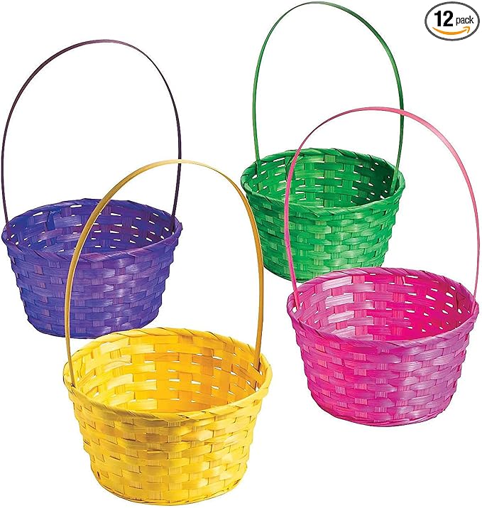 Fun Express Easter Baskets Bulk Set of 12 - Large 9 Inch Bamboo Easter Baskets with Handles for Kids Easter Egg Hunt | Empty Reusable Colorful Treats, Candy & Party Favors