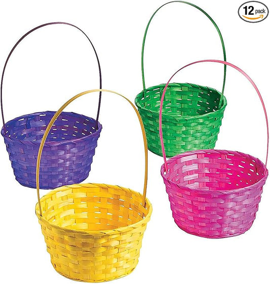 Fun Express Easter Baskets Bulk Set of 12 - Large 9 Inch Bamboo Easter Baskets with Handles for Kids Easter Egg Hunt | Empty Reusable Colorful Treats, Candy & Party Favors