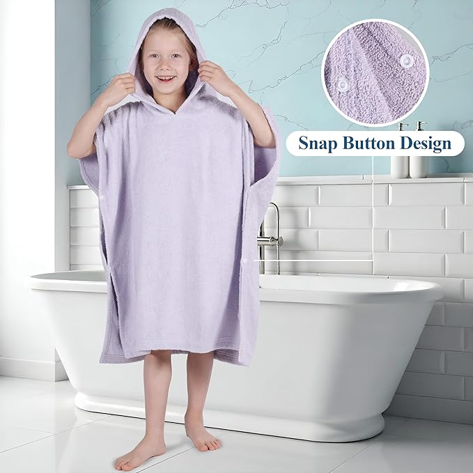 Superior Kids Cotton Terry Poncho, Soft, Absorbent Bath Towel with Hood, Bathroom Accessories, Long, Plush Bathrobes for Bath, Shower, Spa, Resort, Hotel, Beach, Pool, Boy, Girl, Large Size, Lilac