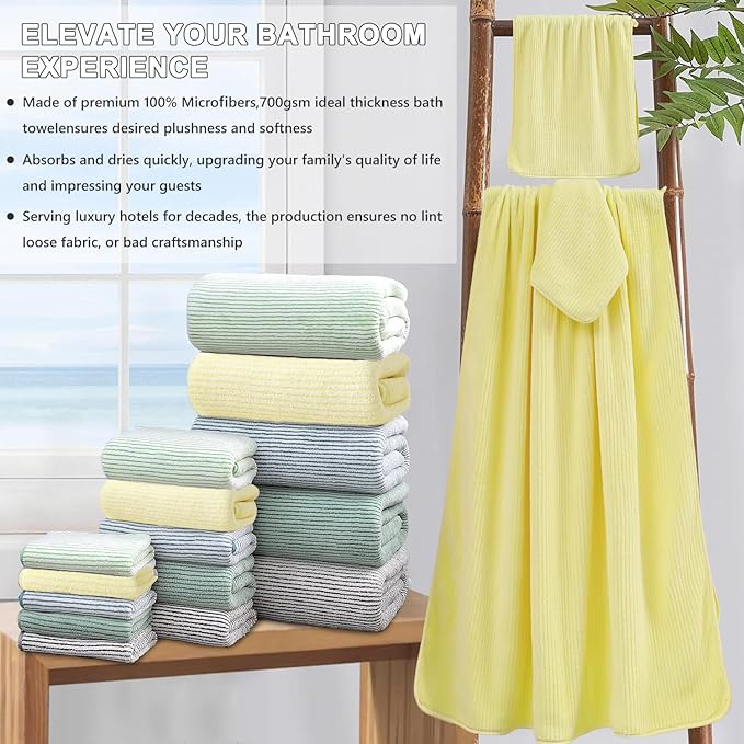 8-Piece Premium Towel Set for Bathroom|2 Oversized Large Bath Sheet,2 Hand Towels,4 Washcloths|Soft Cozy Highly Absorbent Fast Dry Microfiber Shower Towel Set for Hotel Bathroom Essentials,Yellow