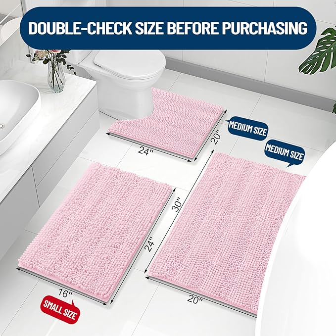 Grandaily Chenille Striped Bathroom Rugs 59x24, Extra Thick and Absorbent Bath Mats, Non-Slip Soft Plush Shaggy Shower Carpet, Machine Wash Dry, Bath Rug for Bathroom, Pink