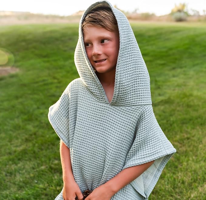 Jade&Kai Hooded Towel for Kids | Snaps into a Poncho | Organic Cotton Waffle | Lightweight and Absorbent | Bath, Beach, and Pool | Multiple Colors | (Medium (3-6 Yrs), June Breeze)