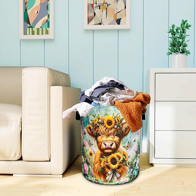 Highland Cow Laundry Basket Brown Longhorn Cattle Oxford Cloth Laundry Hamper With Handle Foldable Portable Clothes Storage Basket 18.9 X 16.5 Inch Storage Bag For Laundry Room/Bathroom/Bedroom