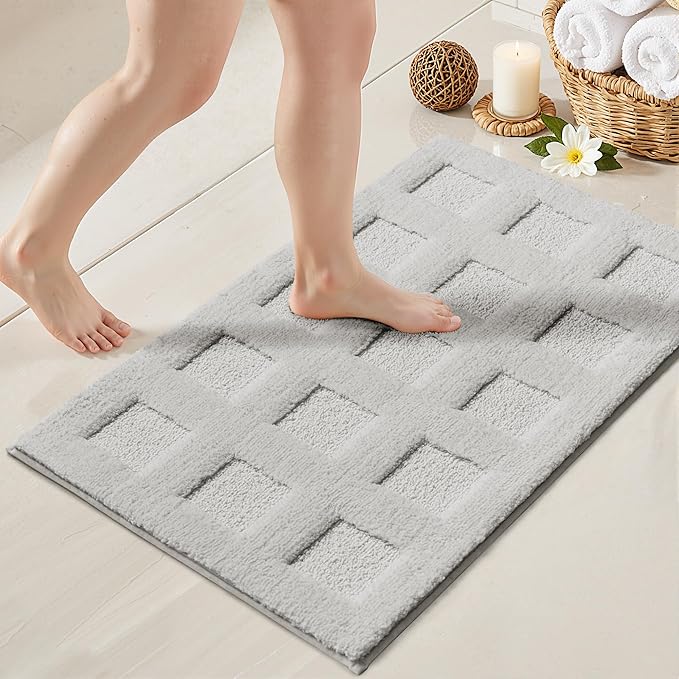 GRANNY SAYS Bathroom Rugs Non Slip Washable, Extra Soft & Water Absorbent Bath Mats for Bathroom, Plush Shaggy Bath Carpet, Grey Waffle Bath Mat Quick Dry for Tub & Shower, 24" x 36"