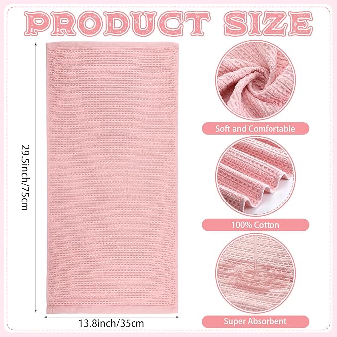 4 Pack Pink Hand Towels Waffle Striped Pattern 100% Cotton Soft Hand Towels for Bathroom 13 x 29 Inch Absorbent Waffle Washcloths for Bathroom Kitchen