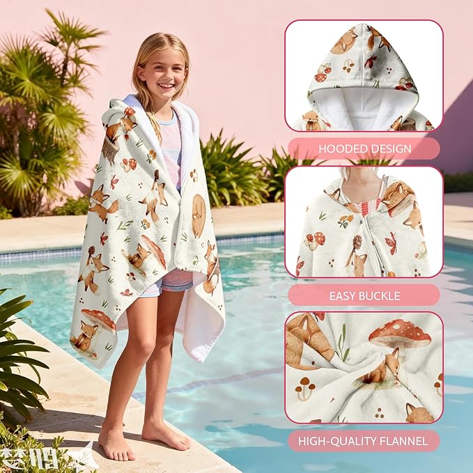 Hooded Towel for Kids, Cute Orange Fox Design Poncho Blanket for Toddlers 30" x 50", Soft Flannel Wearable Blanket for Pool, Beach, and Swim, Christmas Birthday Gifts for Boys and Girls