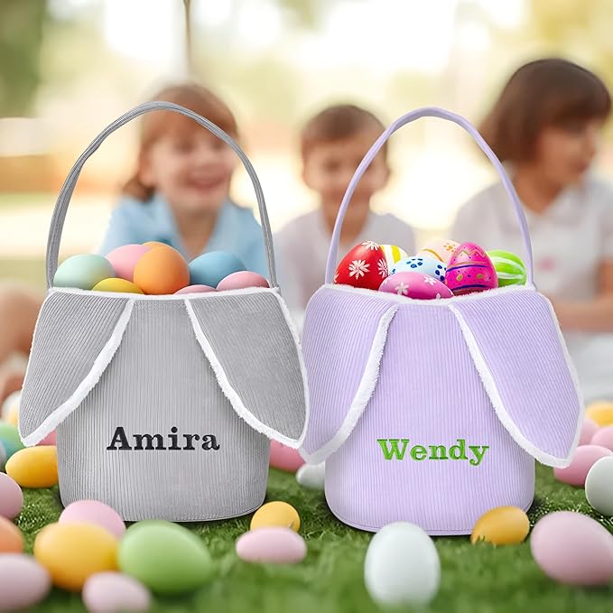 Easter Basket, Touber Easter Bunny Basket, Personalized Easter Baskets for Kids, Easter Gifts Basket for Girls Baby Children - Bunny Ear Grey
