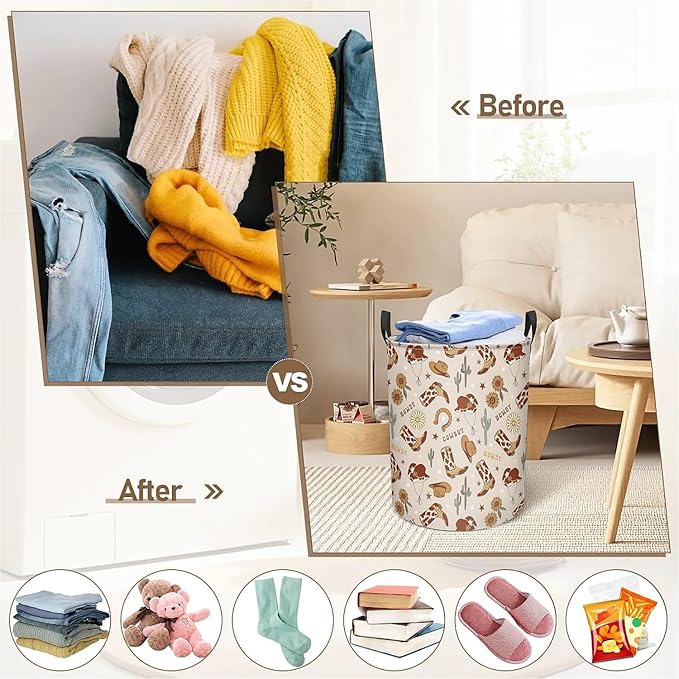 Western Cowboy Cactus Laundry Basket for Boy, Large Canvas Collapsible Organizer Storage Laundry Hamper Basket for Nursery,Office,Toy Organizer,Home,Decor - 19.7" X 15.7 "