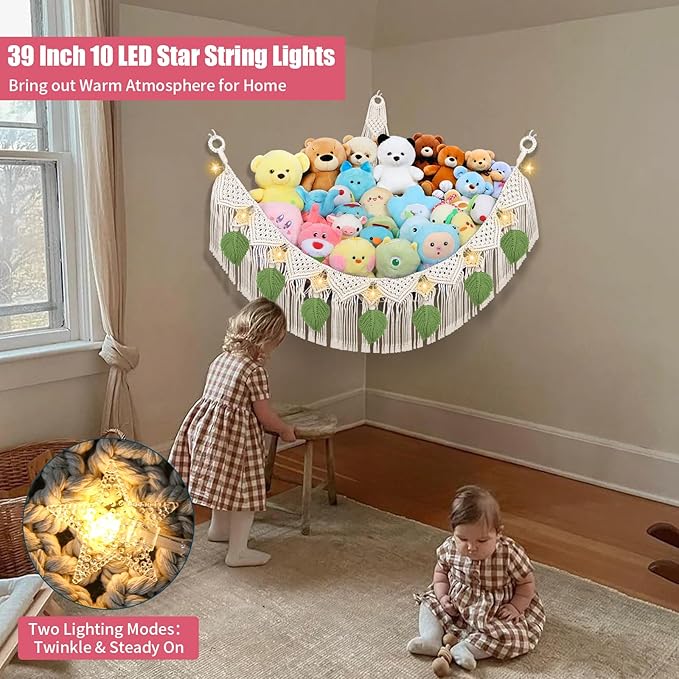 Stuffed Animal Storage Hammock Corner w/LED Star Light, 56'' Jumbo Boho Tassel Leaf Hanging Stuffed Animal Net Holder, Cream Toy Hammock Plushie Net for Kid Girls Boys Gift Nursery Decor