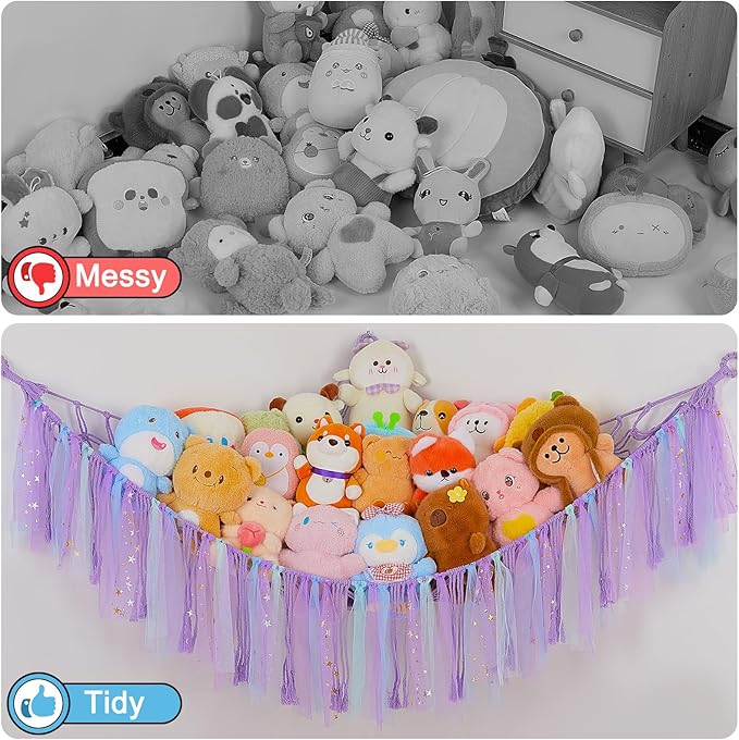 FIOBEE Stuffed Animals Net or Hammock with LED Light, Toy Hammock Hanging Stuffed Animals Storage Organizer Holder Room Décor for Nursery Kids Bedroom