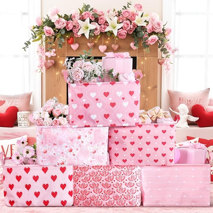 Youyole 6 Pcs Galentine's Day Gifts Basket Set Valentine's Day Storage Bins Pink Heart Empty Gifts Basket Organizer with Love Pattern Valentine Decorative Container Box with Handle for Closet Shelf