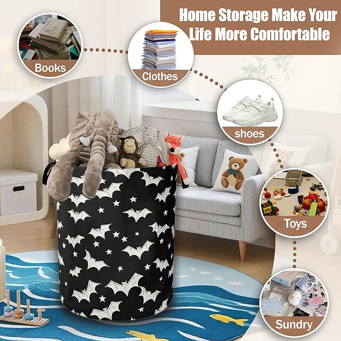 White Bats Laundry Baskets,Laundry Hamper,Storage Basket with Handles for Bathroom Bedroom College Dormitory Living Room Nursery Organizer 16"x20.8"