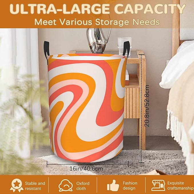 Retro 60s Waves Laundry Basket Foldable Waterproof Oxford Cloth With Handles Colorful Groovy Laundry Hamper Clothes Storage Bucket Toy Organizer For Bathroom/Laundry/Bedroom 16" x 20"