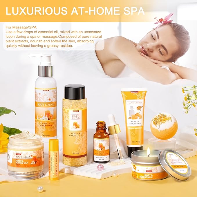 Gifts for Women, Birthday Gifts for Women, 9 Pc Almond Milk & Honey Bath and Body Gifts Set, Self Care Gifts Spa Gifts Basket, Relaxing Bath Sets for Mom, Girlfriend, Sister, Female Friends, Coworker
