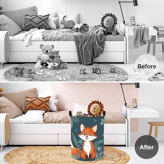 Clastyle Cute Woodland Animal Laundry Basket Kids Clothes Book Storage Basket Gift Toy Box for Bedroom Decor,Fox,36x45 cm